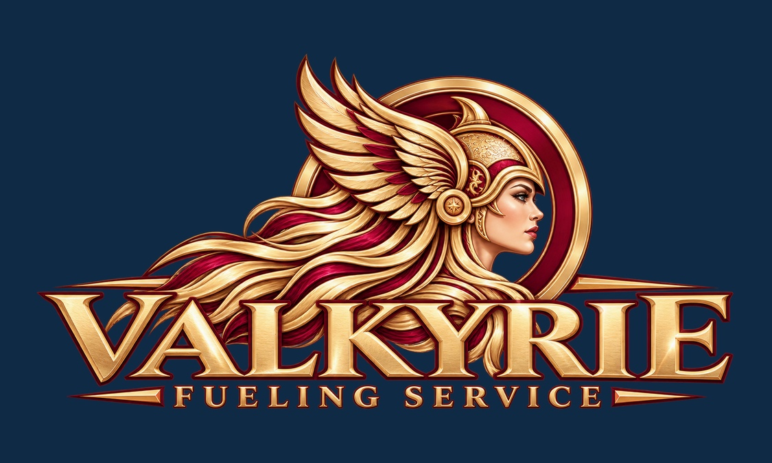 Valkyrie Fueling Service emblem featuring a winged Valkyrie in gold and crimson on a navy background